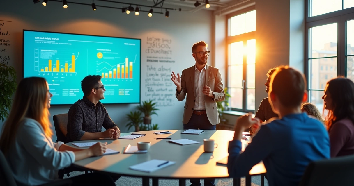 Ambiente moderno de treinamento corporativo com funcionários em workshop, tela com gráficos vibrantes.