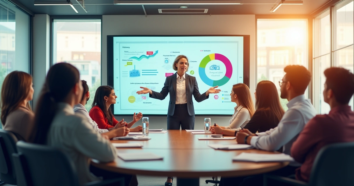 Workshop scene showing a diverse group learning effective communication skills in a bright conference room.