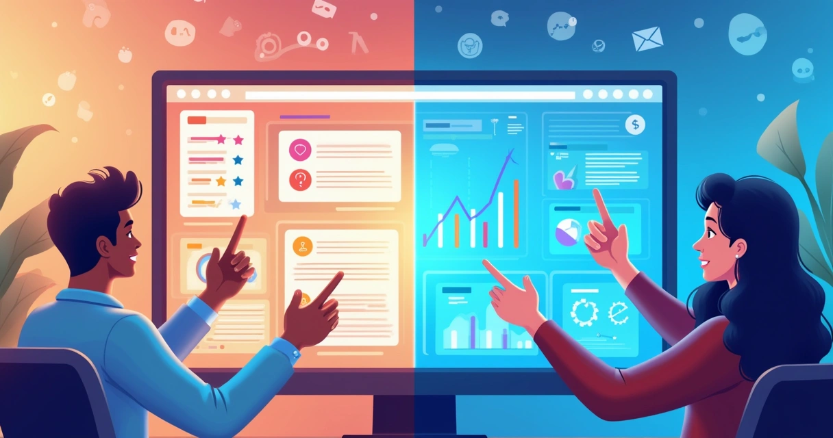 Tela dividida mostrando comparação entre plataforma de feedback e ferramenta de satisfação com gráficos e pessoas analisando dados