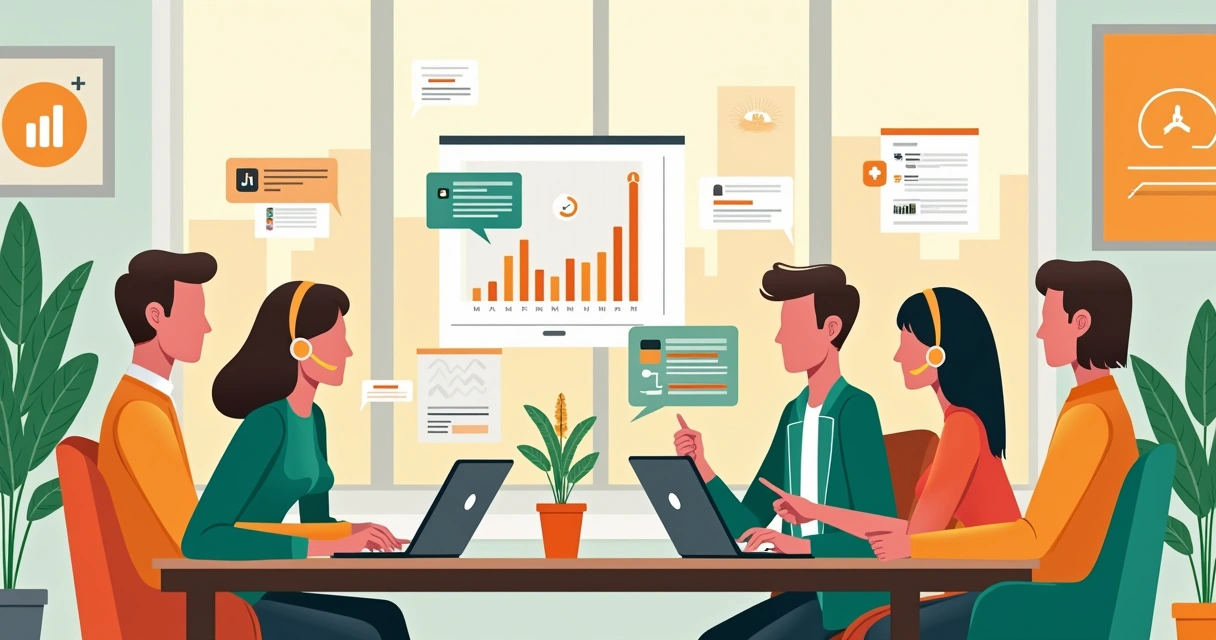 Equipe de atendimento ao cliente inovando com tecnologia e colaboração em ambiente moderno